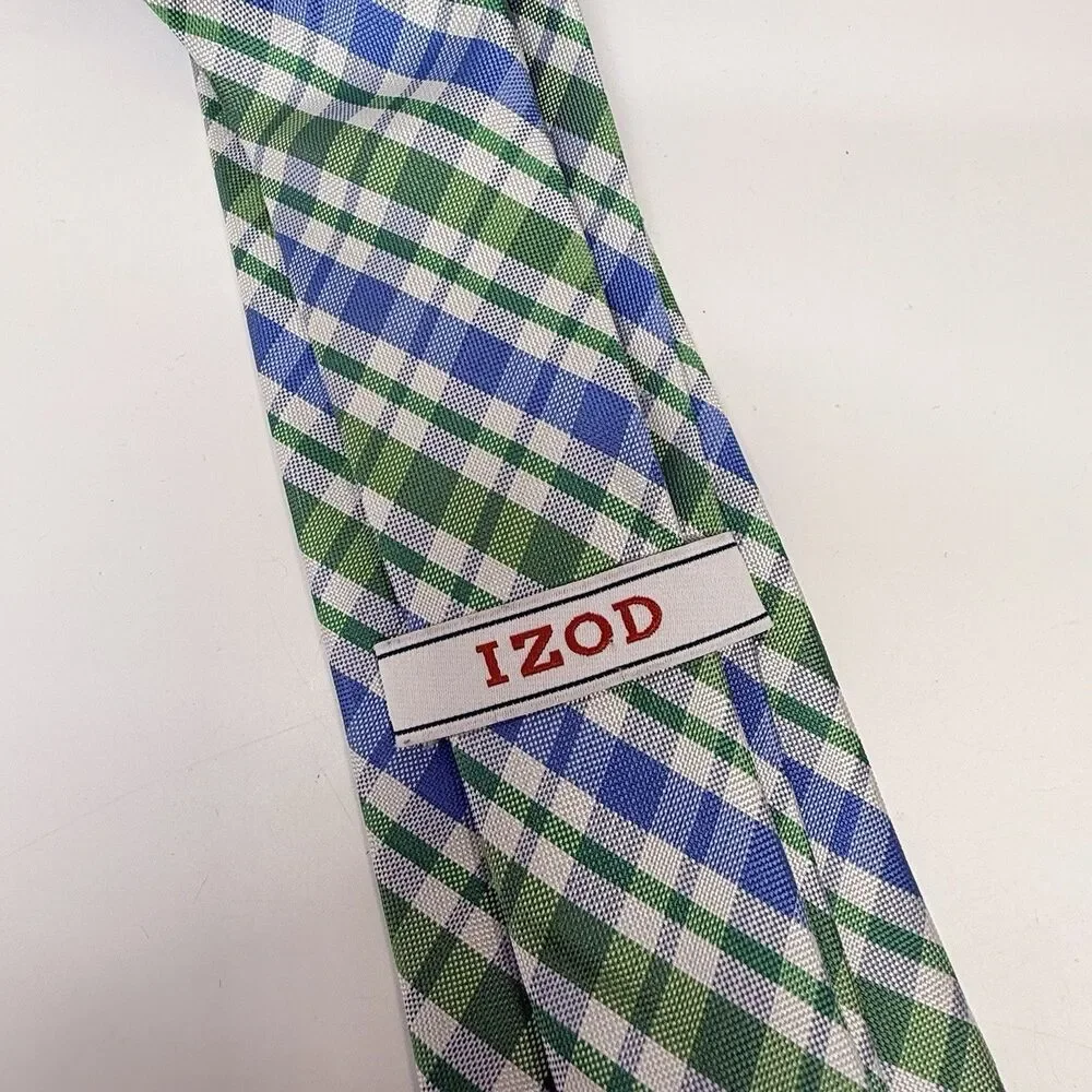 IZOD Green Blue And White Plaid 100% Silk Neck Tie
